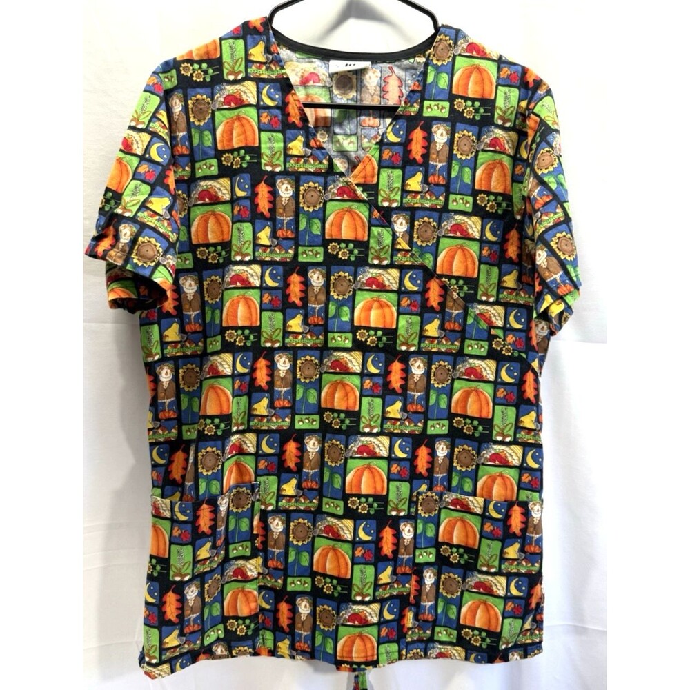 Vlife Scrub Top Scarecrow/Pumpkins Tie Back Sz L
